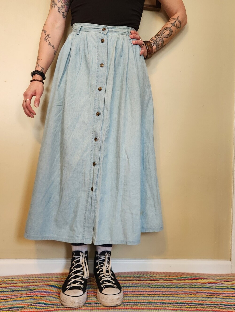Vintage 1980s Levi’s Dockers 100% Cotton Chambray Midi Skirt - Picture 8 of 16
